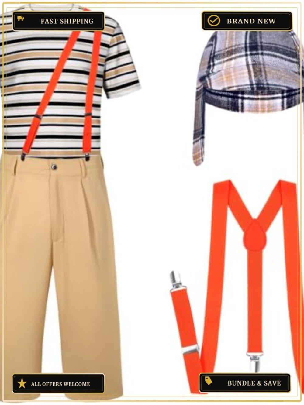 Halloween Comedy Costume 4 Pc Set Striped T-Shirt Pants Suspenders Adult
